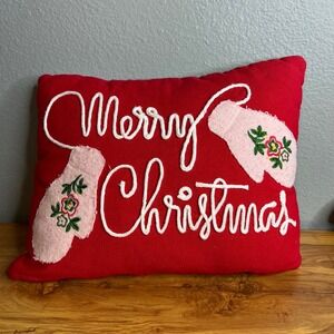 Hallmark Home Christmas Pillow‎ Red Mitten Holiday Embroidered Decor Throw